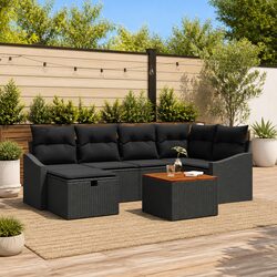 Garden Sofa Set 7 Pieces Outdoor Furniture Black Poly Rattan Modular Lounge
