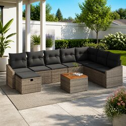 Garden Sofa Set 9 Pieces Grey Poly Rattan Outdoor Furniture Modular Patio