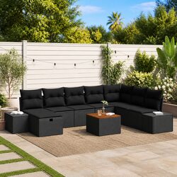 Garden Sofa Set 9 Piece Outdoor Seating Black Poly Rattan Modular with Storage
