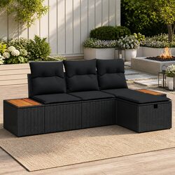 4 Piece Black Poly Rattan Garden Sofa Set Outdoor Furniture with Cushions Glass