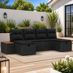 Outdoor Garden Sofa Set 6 Piece Black Poly Rattan Patio Furniture with Storage