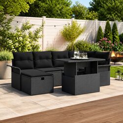 Outdoor Garden Sofa Set 7 pcs Black Poly Rattan Furniture with Cushions Table