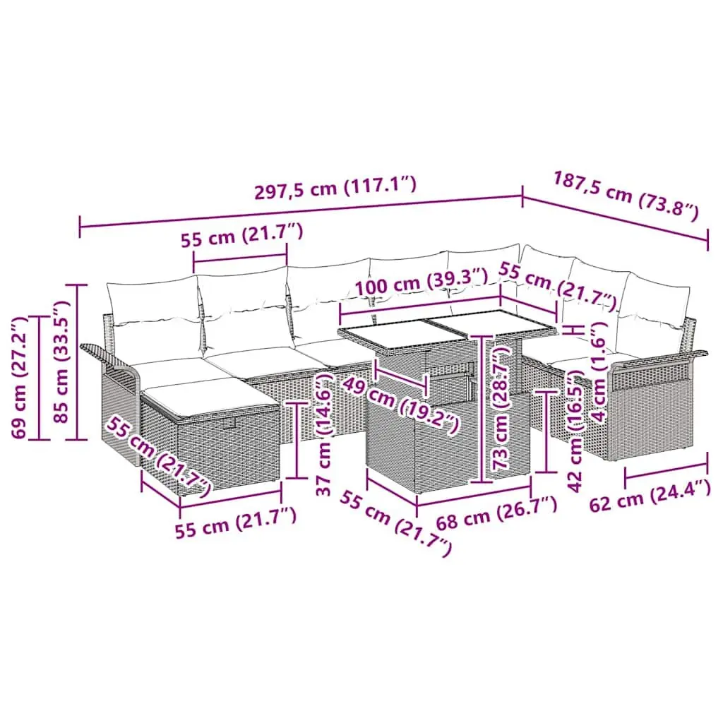 Garden Sofa Set Modular Outdoor Furniture 9 Piece Grey Poly Rattan with Cushions
