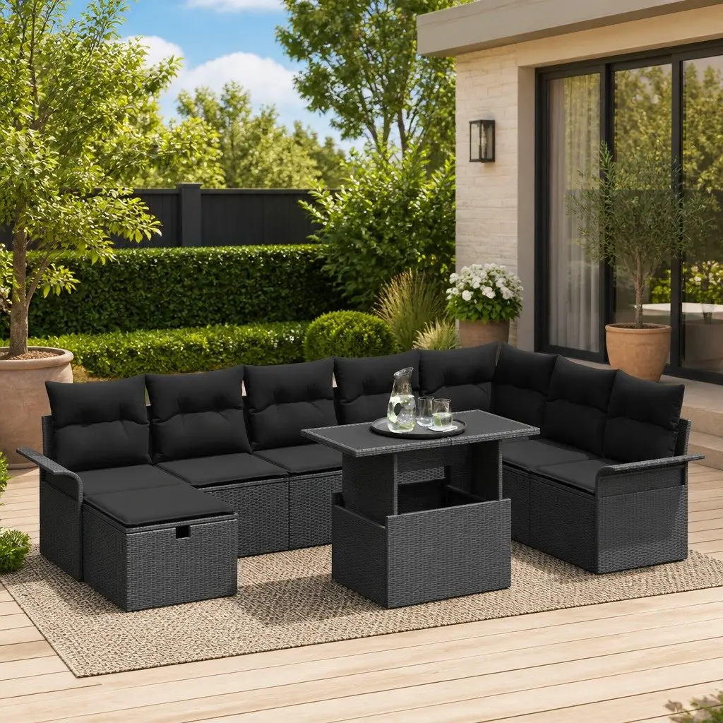 Modular Garden Sofa Set 9 Pieces Black Poly Rattan Outdoor Furniture Patio