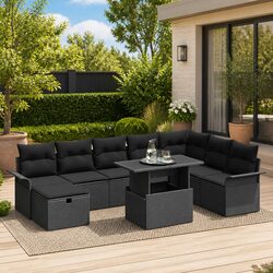 Modular Garden Sofa Set 9 Pieces Black Poly Rattan Outdoor Furniture Patio