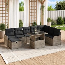 Outdoor Garden Sofa Set 9 pcs Modular Rattan Sectional with Cushions Grey