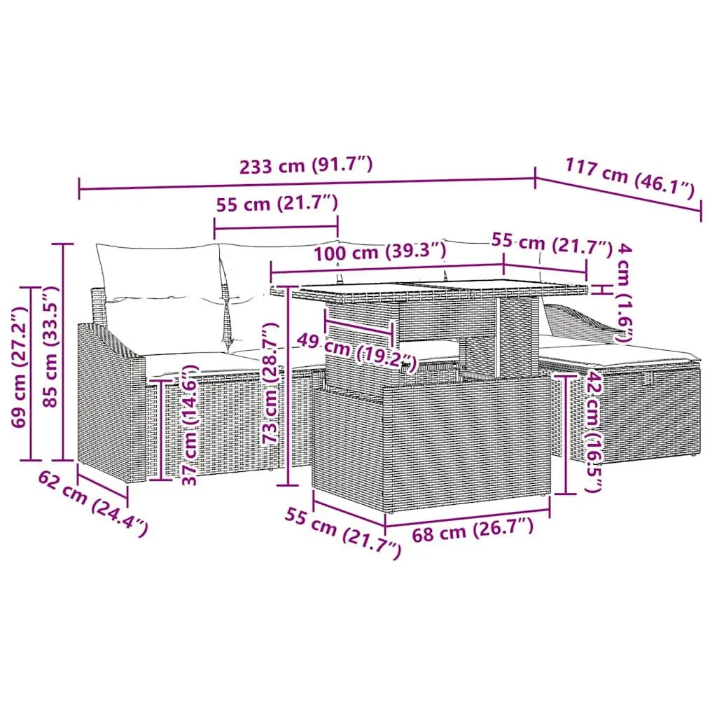 Modular Garden Sofa Set 6 Piece Outdoor Furniture Black Poly Rattan with