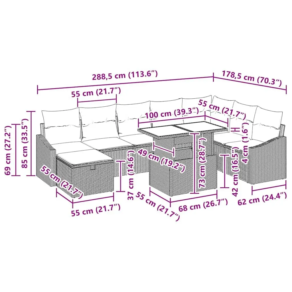 Modular Garden Sofa Set 9 Pieces with Storage Poly Rattan Light Grey Outdoor Furniture