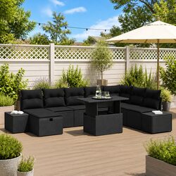 Modular Garden Sofa Set 11 Pcs Black Poly Rattan Outdoor Patio Furniture with
