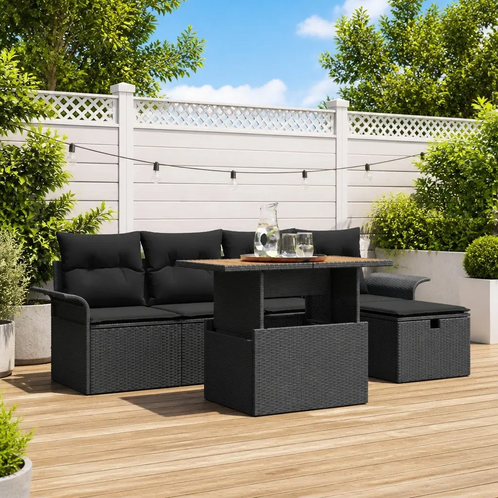 Outdoor Garden Sofa Set Modular Lounge Seating 6 Piece Black Poly Rattan