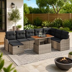 Garden Sofa Set 9 pcs Grey Poly Rattan Modular Outdoor Furniture with Cushions