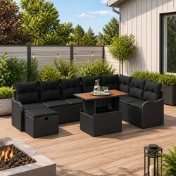 9 Piece Garden Sofa Set Black Poly Rattan Outdoor Furniture Patio Lounge Seating
