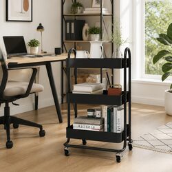 3-Tier Storage Trolley Black Steel Kitchen Office Organiser Mobile Cart Wheels