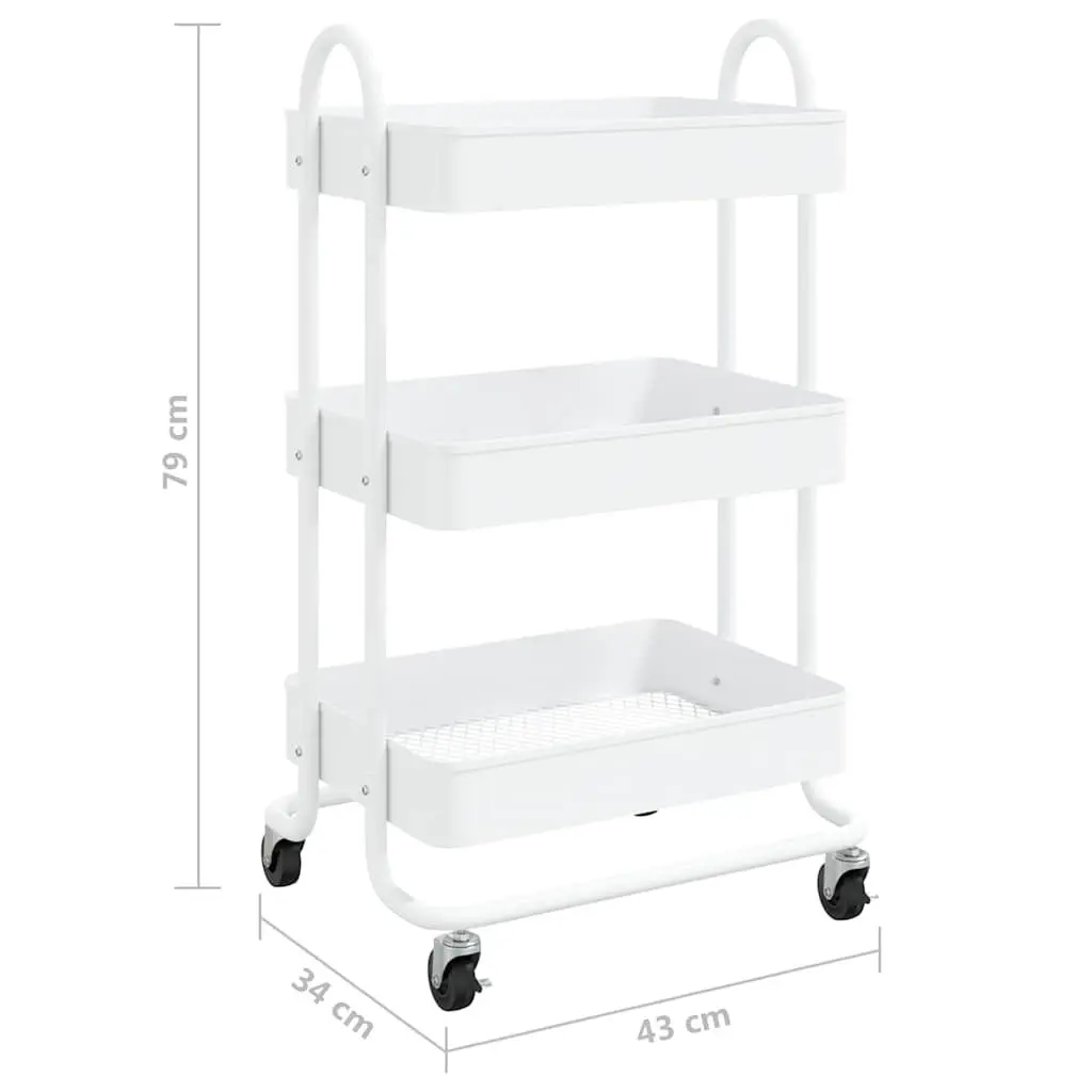 3-Tier Storage Trolley Steel White Mobile Cart with Wheels