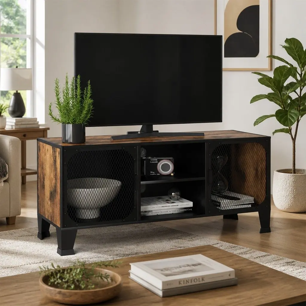 TV Cabinet Rustic Brown Storage Unit with Mesh Doors and Shelf
