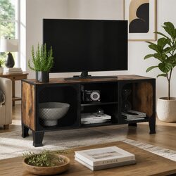 TV Cabinet Rustic Brown Storage Unit with Mesh Doors and Shelf for Living Room