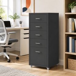 Mobile File Cabinet 5 Drawer Metal Office Storage Filing Chest Wheels Anthracite