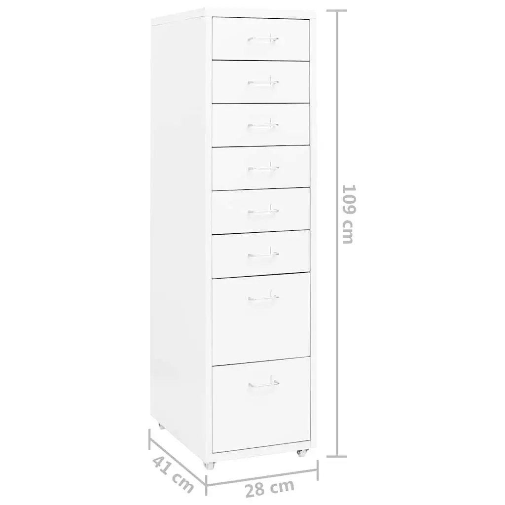 Metal File Cabinet 8 Drawer Mobile Office Storage White with Wheels 28x41x109cm