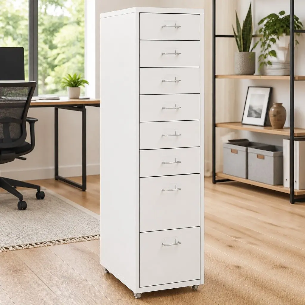 Mobile Filing Cabinet Grey 8 Drawer Metal Office Storage Chest with Wheels