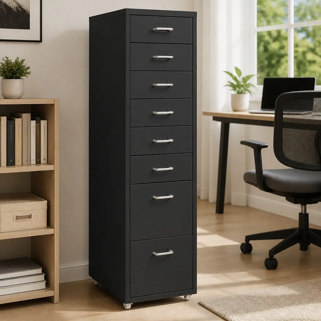 Mobile File Cabinet 8 Drawer Metal Filing Storage Office Anthracite with Wheels