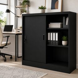 Office Storage Cabinet Sliding Door Black Steel 90x40x90cm Filing Locker
