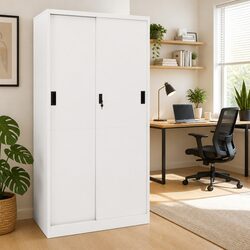 Office Storage Cabinet Sliding Door White Steel Filing Adjustable Shelves