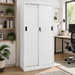 Office Storage Cabinet Sliding Door Light Grey 90x40x180cm Steel Filing Lockers