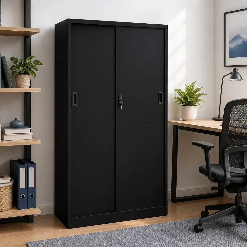 Office Storage Cabinet Black Steel Sliding Door Adjustable Shelves