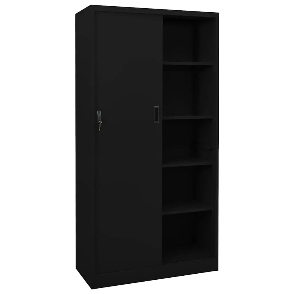 Office Storage Cabinet Black Steel Sliding Door Adjustable Shelves