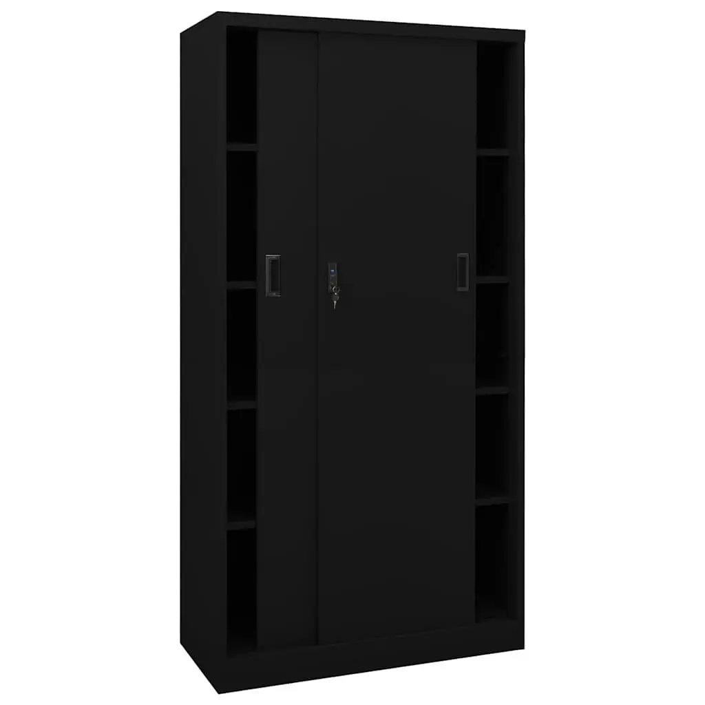 Office Storage Cabinet Black Steel Sliding Door Adjustable Shelves