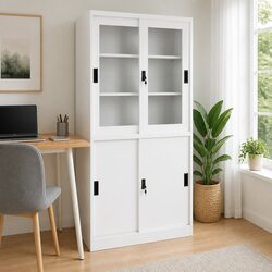 Office Storage Cabinet Sliding Door White Steel 90x40x180cm Adjustable Shelves