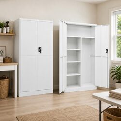 Steel Locker Cabinet 4 Shelf Storage Organiser Industrial Design White 90x40x180