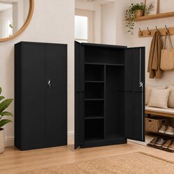 Steel Locker Cabinet Black Storage Organiser 4 Shelves Filing Wardrobe