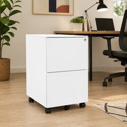 Mobile File Cabinet White Steel Office Storage with 2 Drawers and Locks