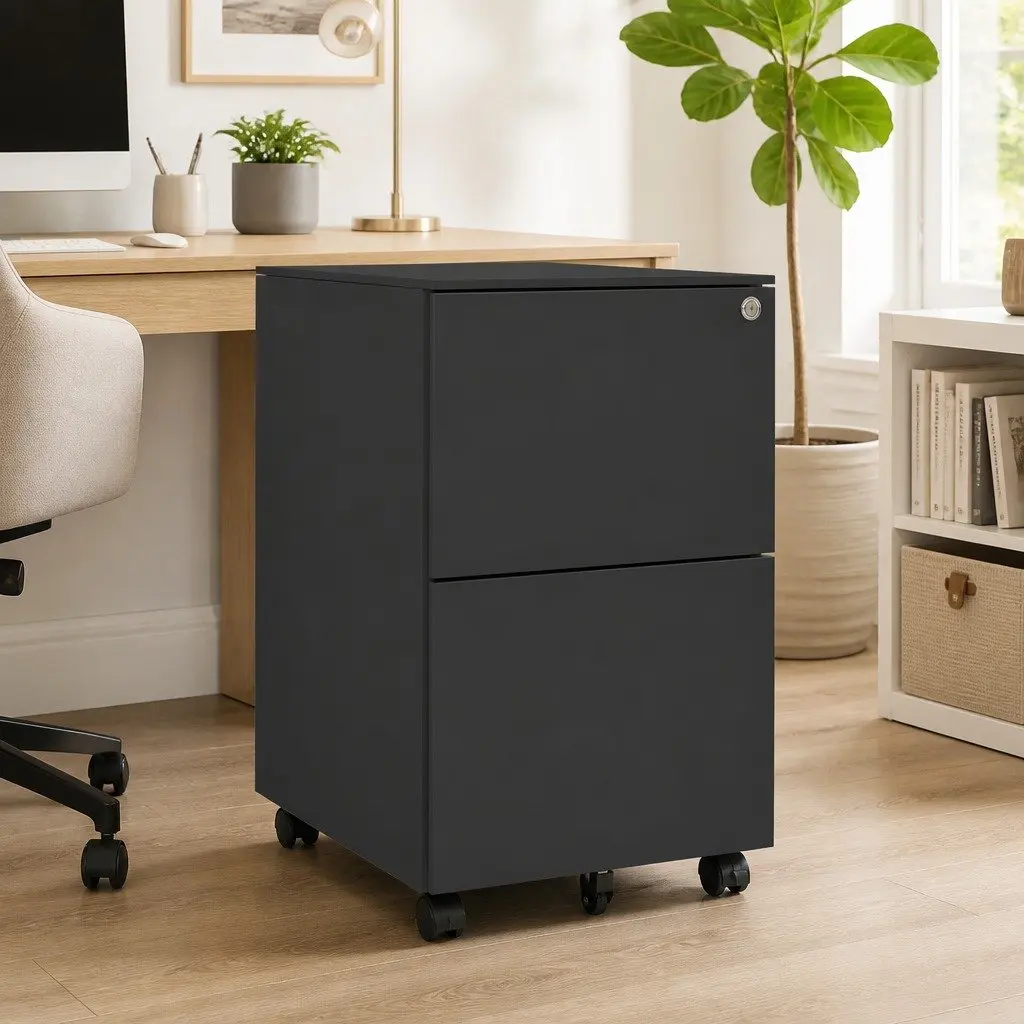 Mobile Filing Cabinet 2 Drawer Office Storage Anthracite Steel Document
