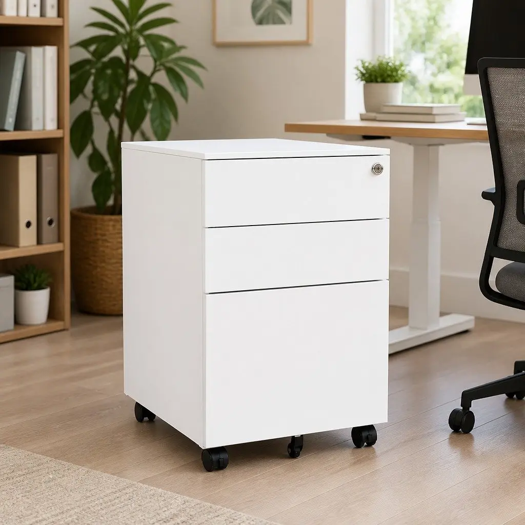 Mobile File Cabinet White 3 Drawer Steel Office Storage Filing Organizer