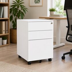 Mobile File Cabinet White 3 Drawer Steel Office Storage Filing Organizer