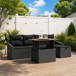 Outdoor Garden Sofa Set 6 Piece Black Poly Rattan Patio Furniture with Cushions