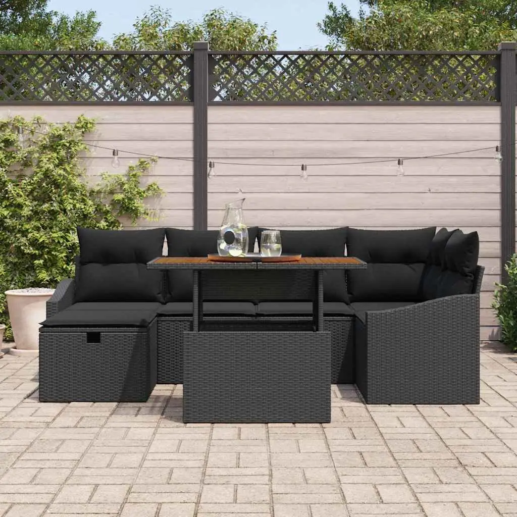 Garden Sofa Set 7 pcs Outdoor Lounge Furniture Black Poly Rattan Modular Patio