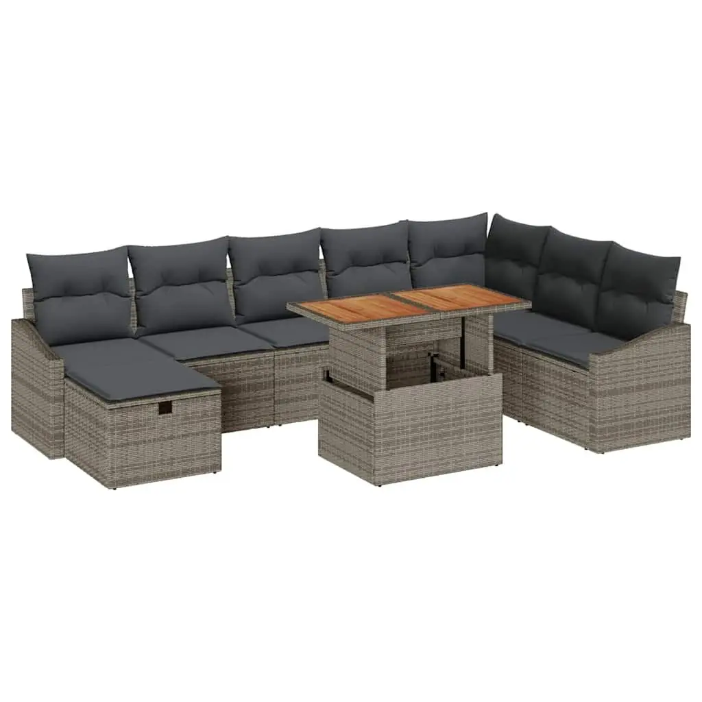 Garden Sofa Set Modular 9 Pieces Outdoor Furniture Grey Poly Rattan with Solid Acacia Wood Table