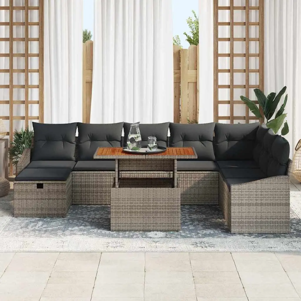 Garden Sofa Set Modular 9 Pieces Outdoor Furniture Grey Poly Rattan with Solid Acacia Wood Table