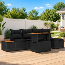 Garden Sofa Set 6 Piece Outdoor Furniture Black Poly Rattan Modular Lounge