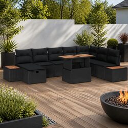 Garden Sofa Set 9 Piece Outdoor Furniture Black Poly Rattan Seating Arrangement
