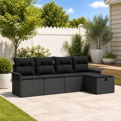 Outdoor Garden Sofa Set 5 Piece Modular Patio Furniture Black Poly Rattan