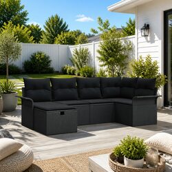 Garden Sofa Set 6 Piece Outdoor Furniture Grey Poly Rattan with Storage Cushion