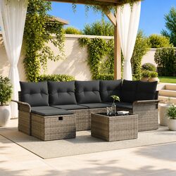 Outdoor Garden Sofa Set 7 Piece Poly Rattan Furniture with Cushion Storage Brown