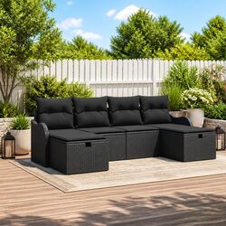 Garden Sofa Set 6 Pieces Modular Outdoor Furniture Black Poly Rattan Cushion