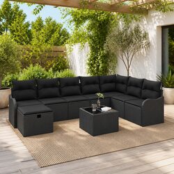 Outdoor Garden Sofa Set 9 Pieces Modular Poly Rattan Black Patio Furniture