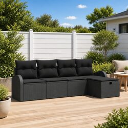 Garden Sofa Set 5pcs Modular Outdoor Furniture Black Poly Rattan Patio Seating