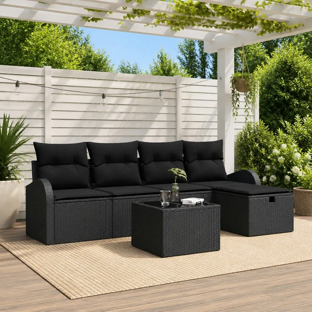 Modular Garden Sofa Set 6 Pieces Black Poly Rattan Outdoor Furniture with
